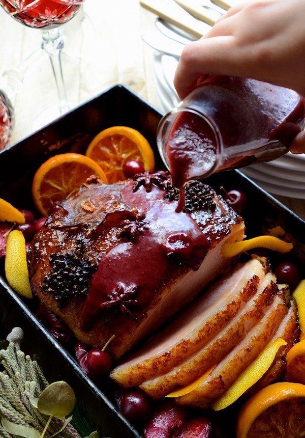 maple and mustard glazed gammon with star anise and orange plum