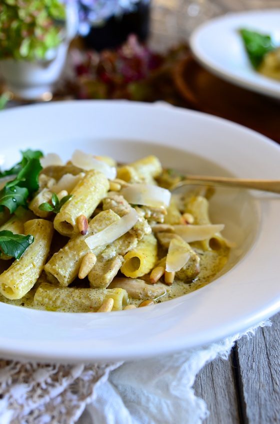 Chicken pesto pasta with parmesan and pine nuts | Bibbyskitchen recipes