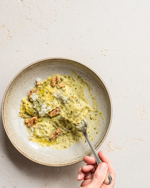 Spinach and Ricotta Ravioli with black truffle pesto